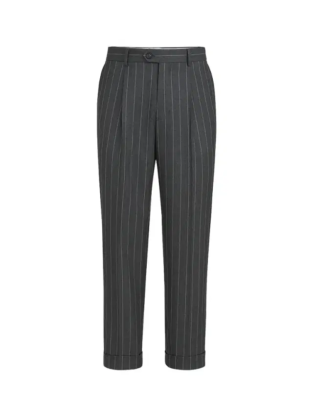 Brunello Cucinelli Men's Super 150s Virgin Wool Wide Chalk Stripe Batavia Trousers with Pleats - Grey