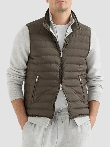 Brunello Cucinelli Men's Lightweight Techno Fabric Down Vest - Brown | Thumbnail 2