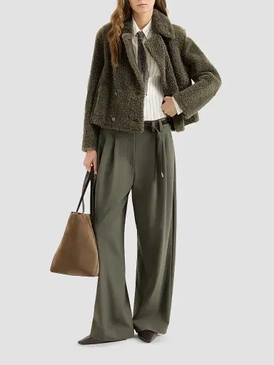 Brunello Cucinelli Women's Fuzzy Shearling Pea Coat - Green | Thumbnail 2