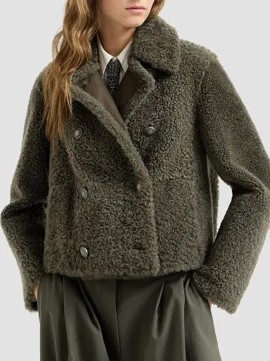 Brunello Cucinelli Women's Fuzzy Shearling Pea Coat - Green | Thumbnail 3