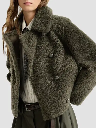 Brunello Cucinelli Women's Fuzzy Shearling Pea Coat - Green | Thumbnail 5