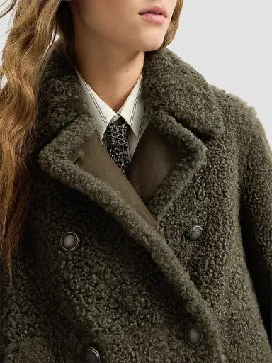 Brunello Cucinelli Women's Fuzzy Shearling Pea Coat - Green | Thumbnail 6