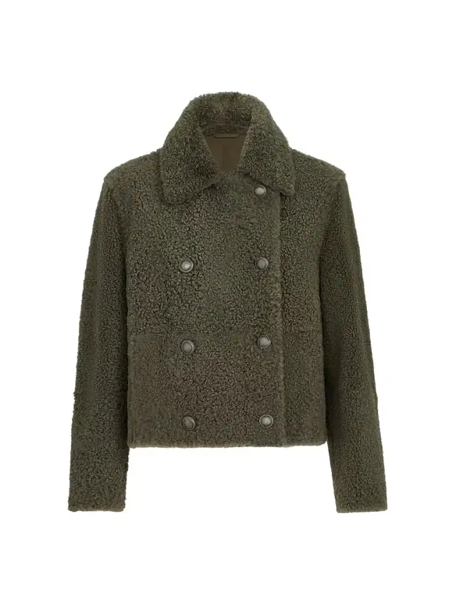 Women's Fuzzy Shearling Pea Coat - Green