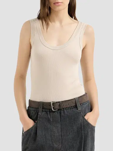 Brunello Cucinelli Women's Stretch Cotton Ribbed Jersey Top with Monili | Thumbnail 2