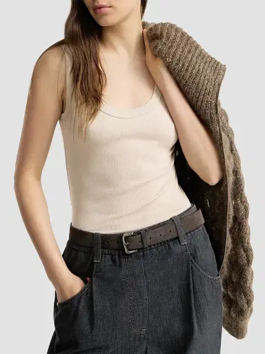 Brunello Cucinelli Women's Stretch Cotton Ribbed Jersey Top with Monili | Thumbnail 4