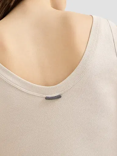 Brunello Cucinelli Women's Stretch Cotton Ribbed Jersey Top with Monili | Thumbnail 5
