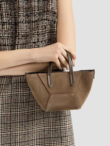 Brunello Cucinelli Women's Duo Mini Top Handle Bag in Suede with Monili - Bark | Thumbnail 2 Brunello Cucinelli Women's Duo Mini Top Handle Bag in Suede with Monili - Bark | Thumbnail 2