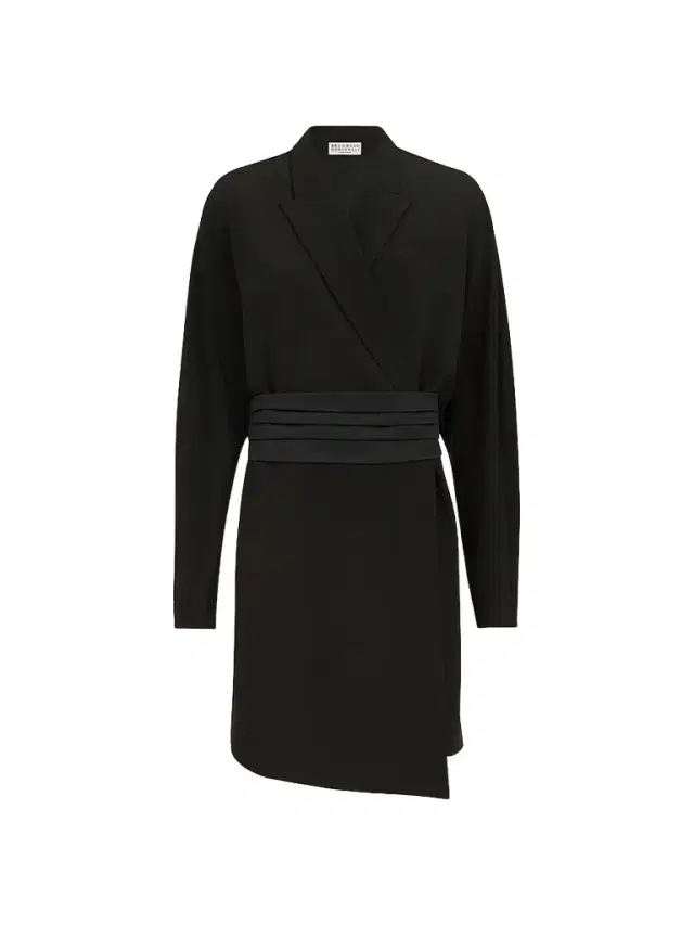 Brunello Cucinelli Women's Silk and Acetate Crêpe Cady Tuxedo Dress with Monili - Black