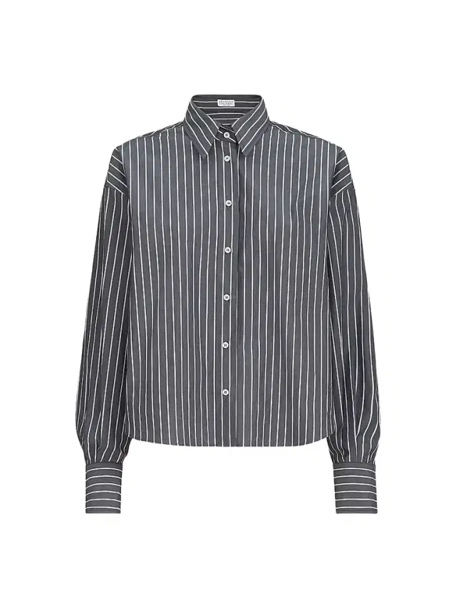Brunello Cucinelli Women's Striped Cotton Poplin Shirt - Denim