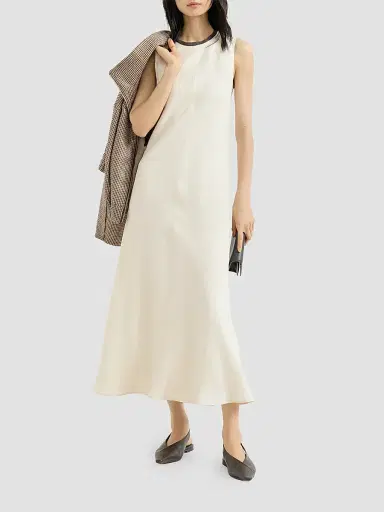 Brunello Cucinelli Women's Viscose and Linen Fluid Twill Dress with Precious Collar - Milk | Thumbnail 2