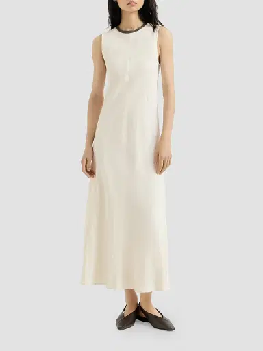 Brunello Cucinelli Women's Viscose and Linen Fluid Twill Dress with Precious Collar - Milk | Thumbnail 3