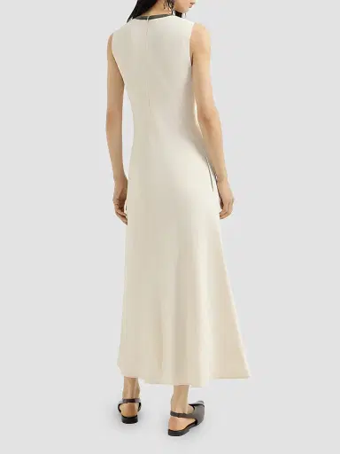 Brunello Cucinelli Women's Viscose and Linen Fluid Twill Dress with Precious Collar - Milk | Thumbnail 4