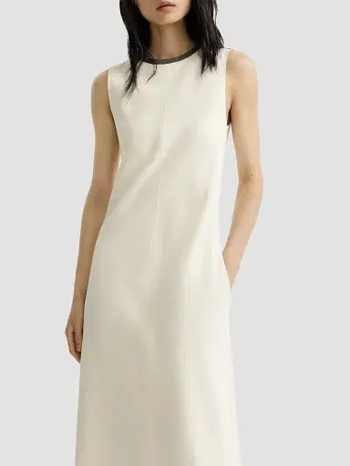 Brunello Cucinelli Women's Viscose and Linen Fluid Twill Dress with Precious Collar - Milk | Thumbnail 5