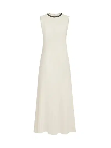 Brunello Cucinelli Women's Viscose and Linen Fluid Twill Dress with Precious Collar - Milk | Thumbnail 1
