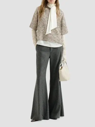 Brunello Cucinelli Women's Virgin Wool and Cashmere Twill Flannel Wide Flare Trousers with Monili - Dark Grey | Thumbnail 2