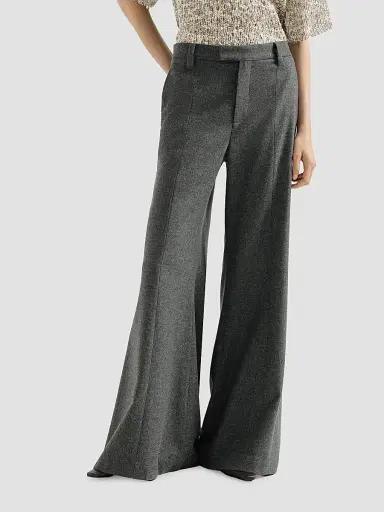 Brunello Cucinelli Women's Virgin Wool and Cashmere Twill Flannel Wide Flare Trousers with Monili - Dark Grey | Thumbnail 3