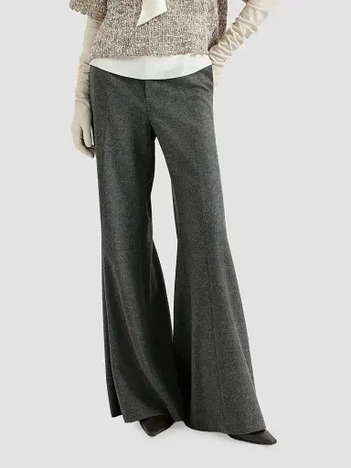 Brunello Cucinelli Women's Virgin Wool and Cashmere Twill Flannel Wide Flare Trousers with Monili - Dark Grey | Thumbnail 5