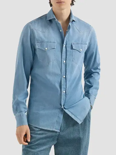 Brunello Cucinelli Men's Lightweight Denim Western Shirt | Thumbnail 3