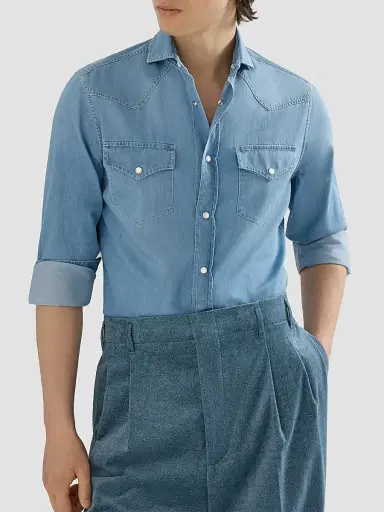 Brunello Cucinelli Men's Lightweight Denim Western Shirt | Thumbnail 5