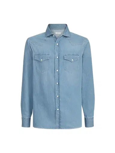 Brunello Cucinelli Men's Lightweight Denim Western Shirt | Thumbnail 1