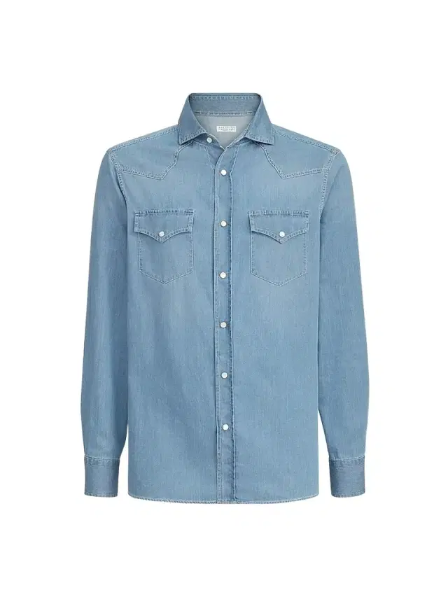 Brunello Cucinelli Men's Lightweight Denim Western Shirt - Light Blue Denim