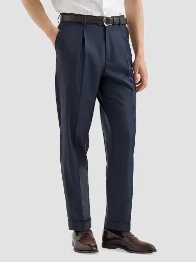Brunello Cucinelli Men's Super 150s Virgin Wool Four Season Batavia Trousers - Navy Blue | Thumbnail 3