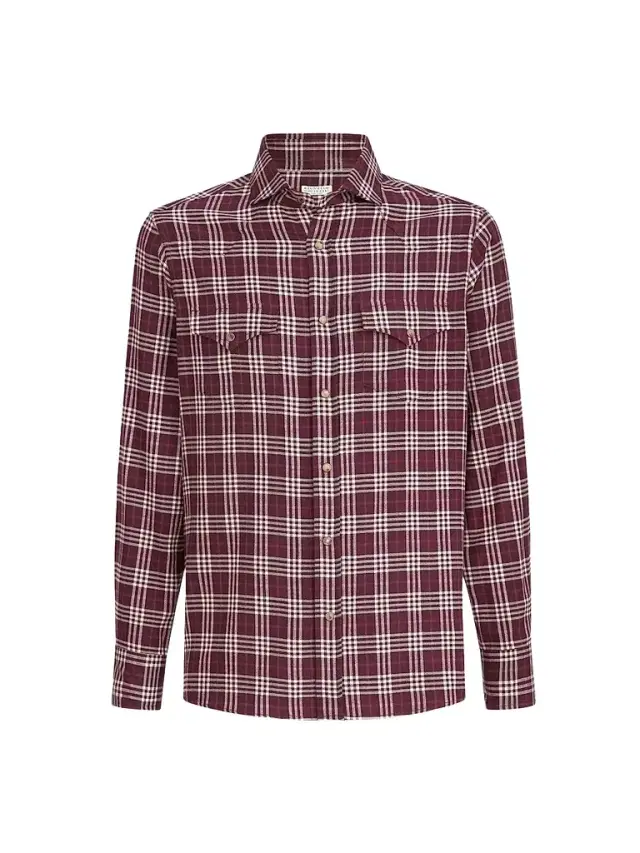 Brunello Cucinelli Men's Cotton and Lyocell Tartan Flannel Western Shirt - Red