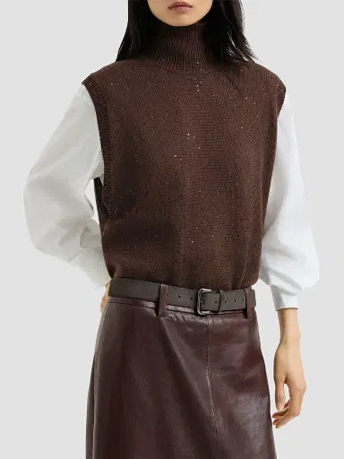 Brunello Cucinelli Women's Cashmere and Silk Diamond Yarn Turtleneck Sweater Vest - Brown - Size Small | Thumbnail 3
