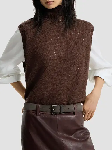 Brunello Cucinelli Women's Cashmere and Silk Diamond Yarn Turtleneck Sweater Vest - Brown - Size Small | Thumbnail 5