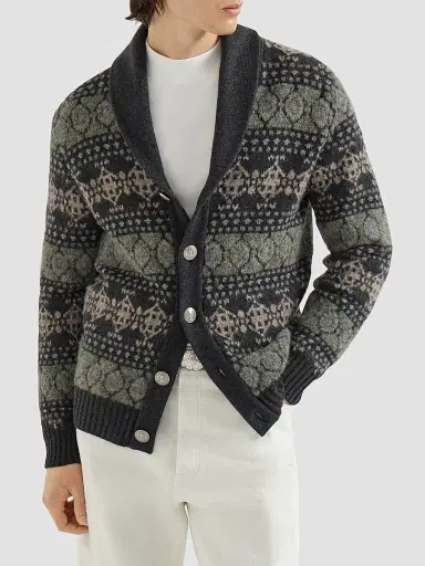 Brunello Cucinelli Men's Cashmere Jacquard Cardigan - Dark Grey | Thumbnail 3