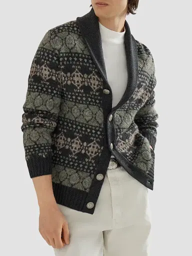 Brunello Cucinelli Men's Cashmere Jacquard Cardigan - Dark Grey | Thumbnail 5