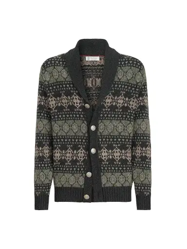 Brunello Cucinelli Men's Cashmere Jacquard Cardigan - Dark Grey | Thumbnail 1
