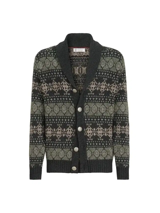 Men's Cashmere Jacquard Cardigan - Dark Grey