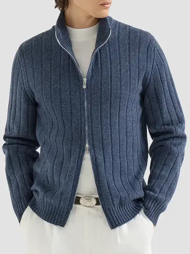 Brunello Cucinelli Men's Cashmere Ribbed Cardigan with Zip - Denim - Size 50 | Thumbnail 2