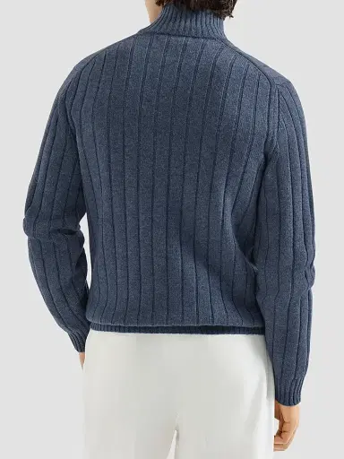 Brunello Cucinelli Men's Cashmere Ribbed Cardigan with Zip - Denim - Size 50 | Thumbnail 3