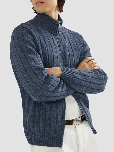 Brunello Cucinelli Men's Cashmere Ribbed Cardigan with Zip - Denim - Size 50 | Thumbnail 4
