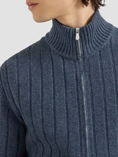 Brunello Cucinelli Men's Cashmere Ribbed Cardigan with Zip - Denim - Size 50 | Thumbnail 5