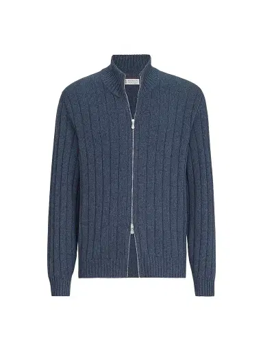Brunello Cucinelli Men's Cashmere Ribbed Cardigan with Zip - Denim - Size 50 | Thumbnail 1