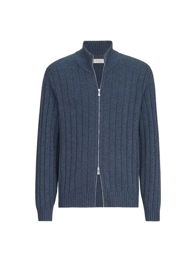 Men's Cashmere Ribbed Cardigan with Zip - Denim - Size 50