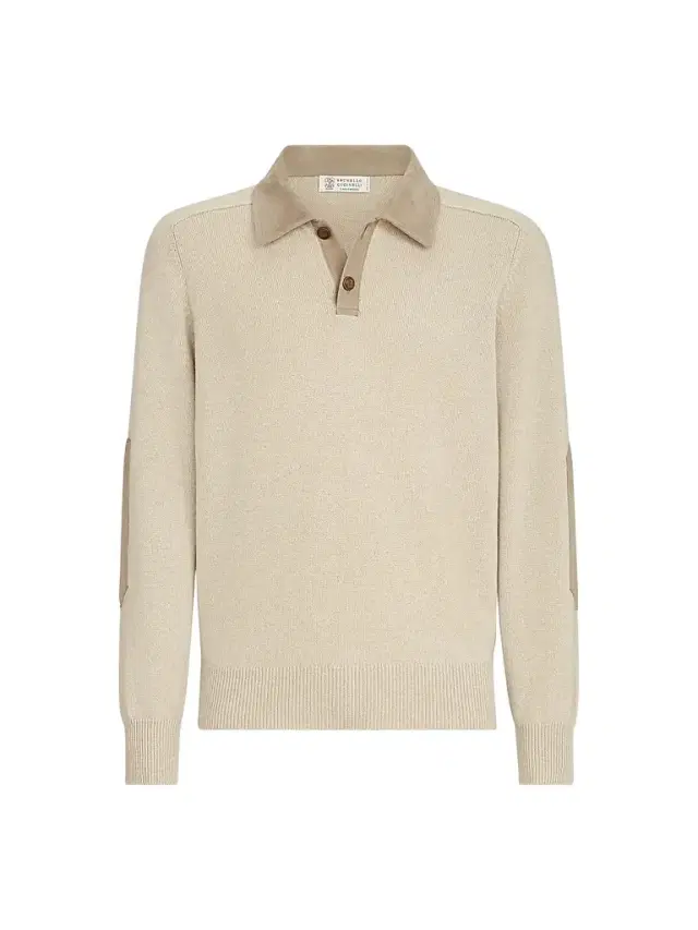 Brunello Cucinelli Men's Cashmere Knit Polo with Suede Collar - Sand