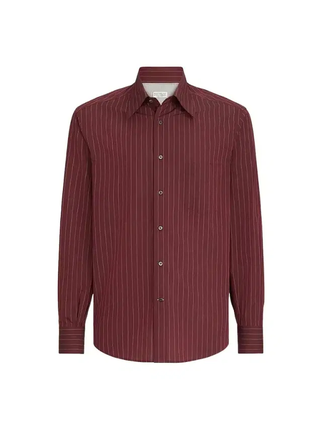 Brunello Cucinelli Men's Double Pinstripe Cotton Overshirt with Italian Collar - Burgundy