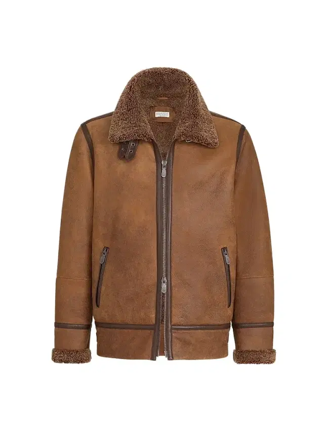 Men's Vintage-Effect Shearling Aviator Jacket - Light Brown