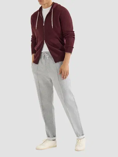Brunello Cucinelli Men's Cashmere Hooded Knit Sweatshirt with Zipper - Burgundy | Thumbnail 2