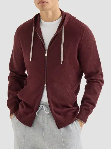 Brunello Cucinelli Men's Cashmere Hooded Knit Sweatshirt with Zipper - Burgundy | Thumbnail 3