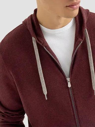 Brunello Cucinelli Men's Cashmere Hooded Knit Sweatshirt with Zipper - Burgundy | Thumbnail 5