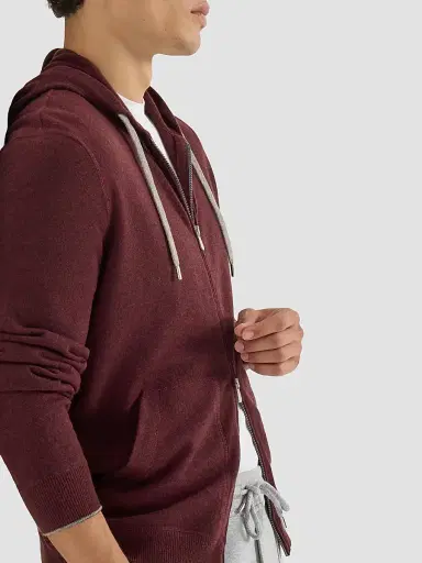 Brunello Cucinelli Men's Cashmere Hooded Knit Sweatshirt with Zipper - Burgundy | Thumbnail 6