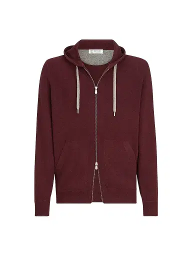 Brunello Cucinelli Men's Cashmere Hooded Knit Sweatshirt with Zipper - Burgundy | Thumbnail 1