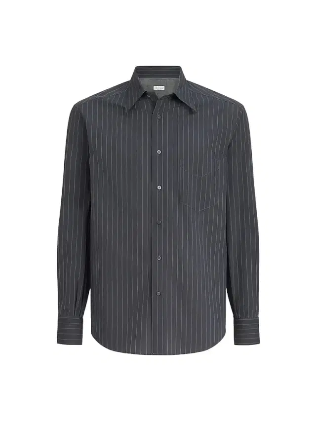 Brunello Cucinelli Men's Double Pinstripe Cotton Overshirt with Italian Collar - Dark Grey