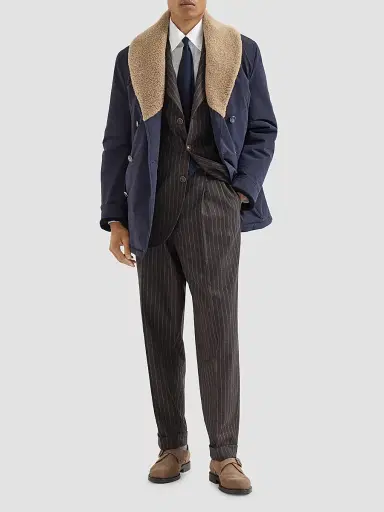 Brunello Cucinelli Men's Bonded Nylon Double-Breasted Coat with Shearling Lining - Navy Blue | Thumbnail 2