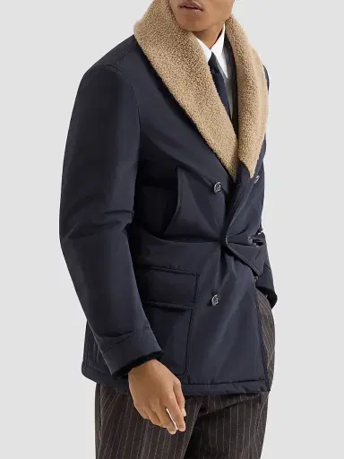 Brunello Cucinelli Men's Bonded Nylon Double-Breasted Coat with Shearling Lining - Navy Blue | Thumbnail 3